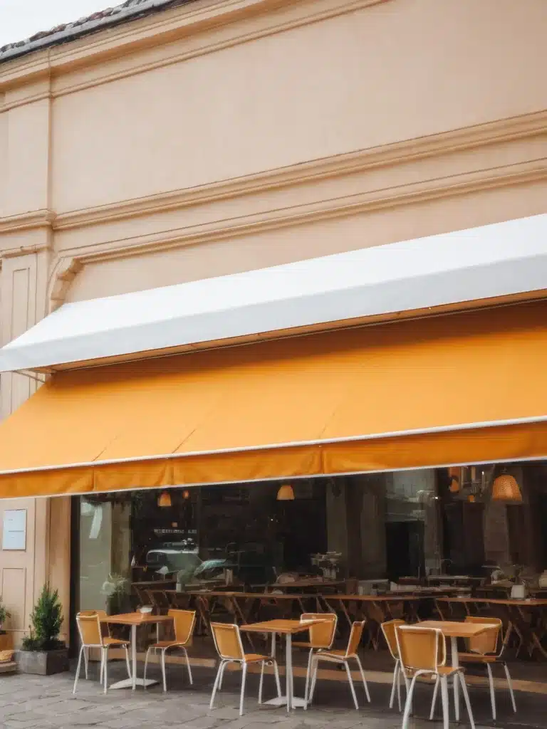 Grand store orange couvrant une terrasse d'un restaurant, offrant un espace ombragé.